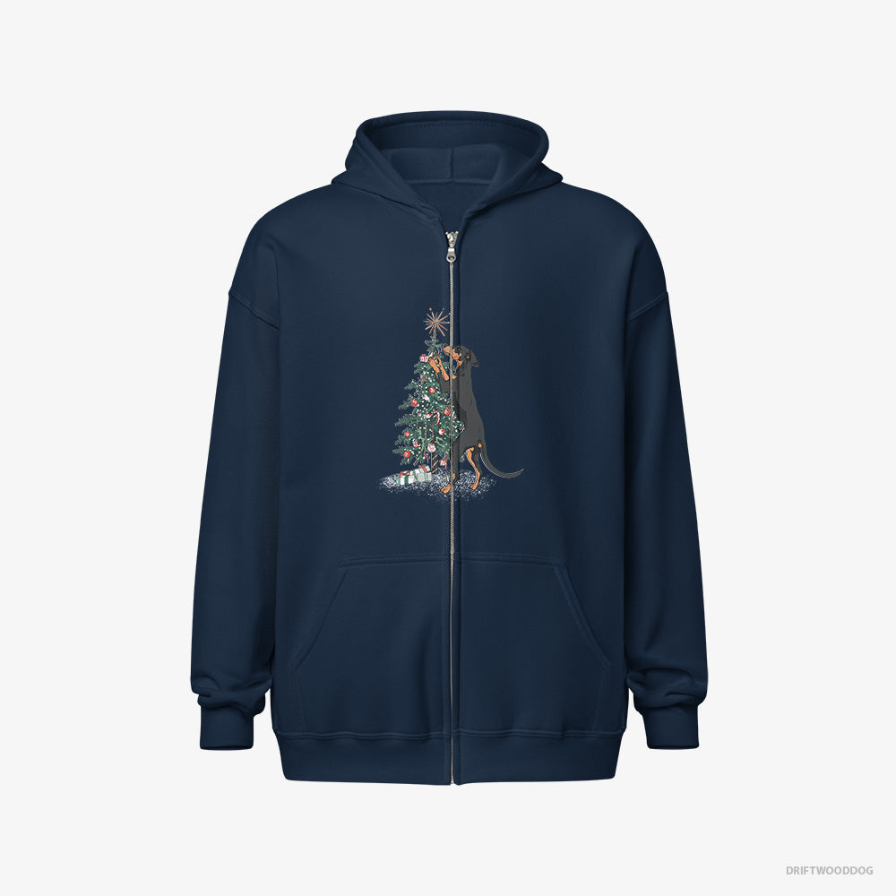 Dobermann Hoodie – Men Navy Hoodie Full-Zip – Hanging Decorations on the Christmas Tree (on White Background)