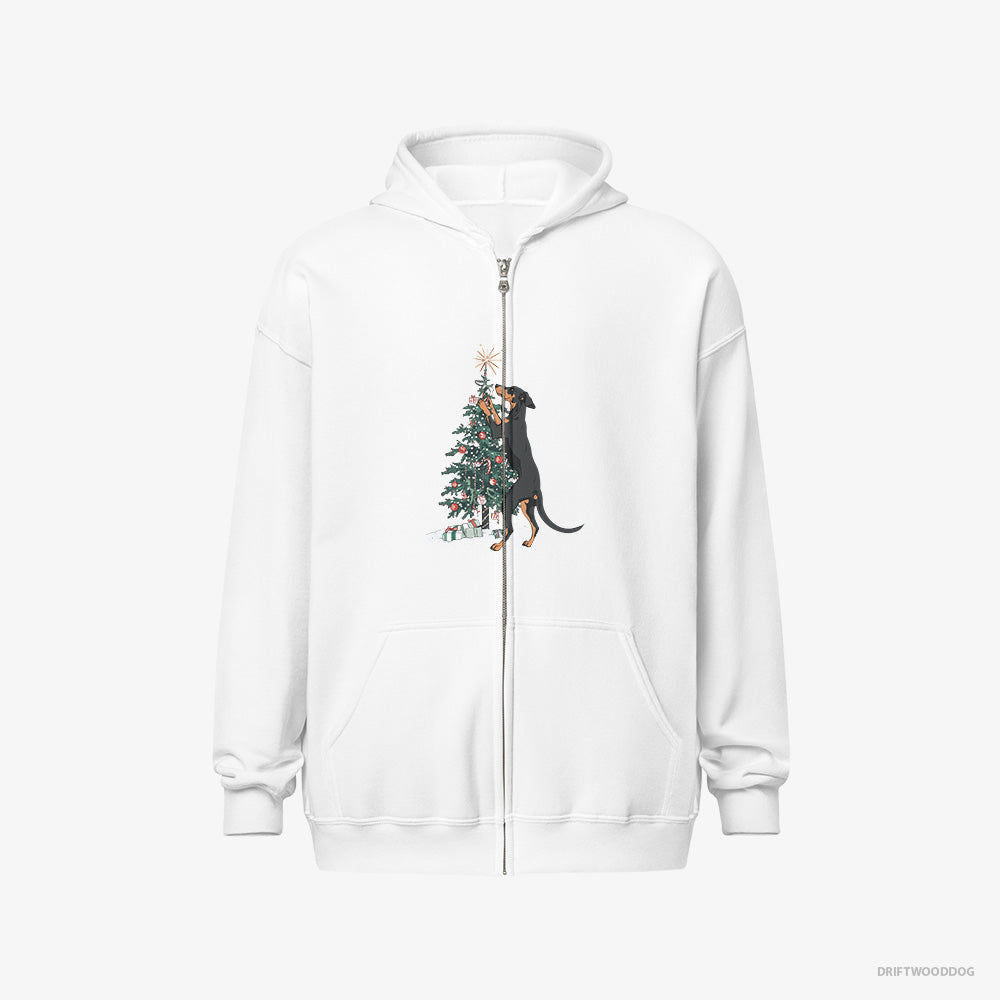 Dobermann Hoodie – Men White Hoodie Full-Zip – Hanging Decorations on the Christmas Tree (on White Background)