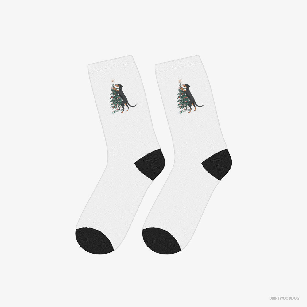 Dobermann Socks – Unisex White Socks Classic – Hanging Decorations on the Christmas Tree (on White Background)