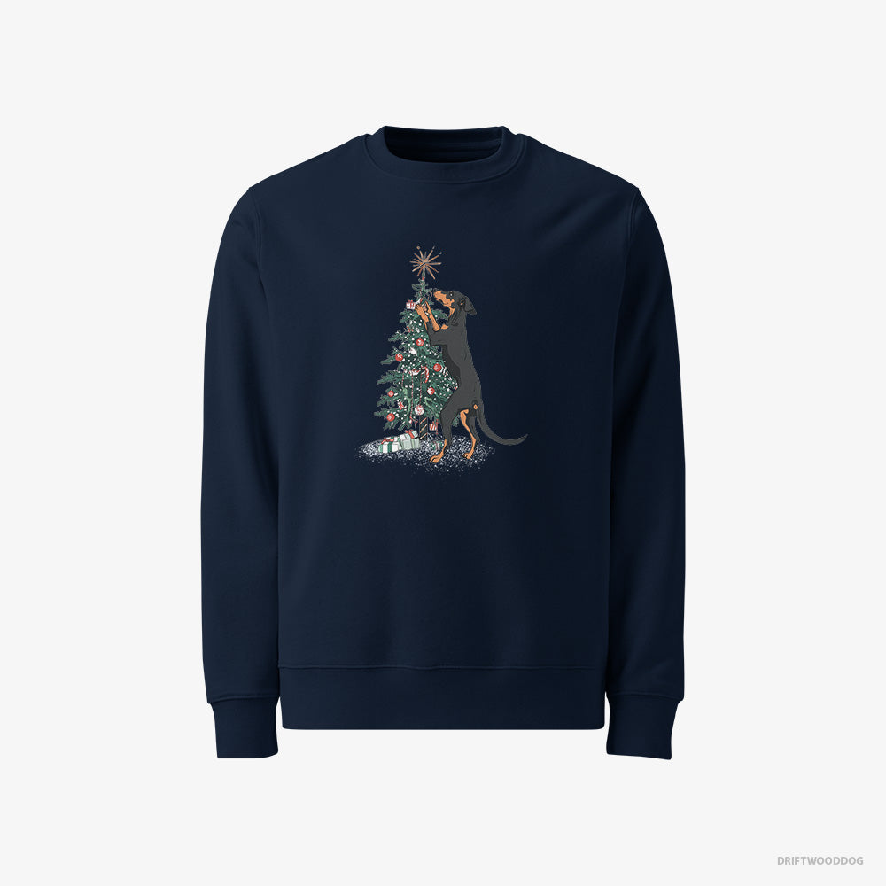 Dobermann Sweatshirt – Men Navy Sweatshirt Classic – Hanging Decorations on the Christmas Tree (on White Background)