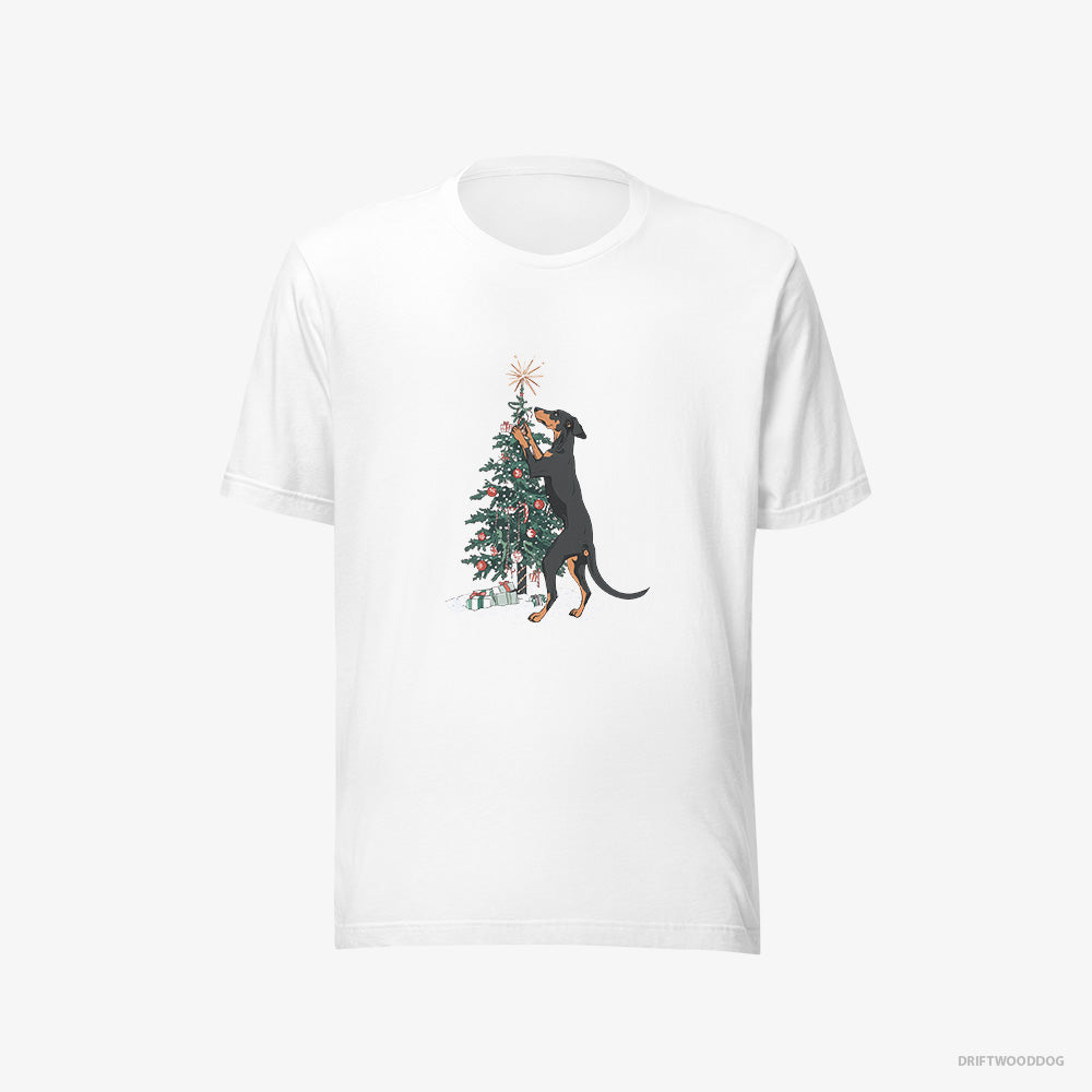 Dobermann T-Shirt – Men White T-Shirt Eco-Friendly – Hanging Decorations on the Christmas Tree (on White Background)