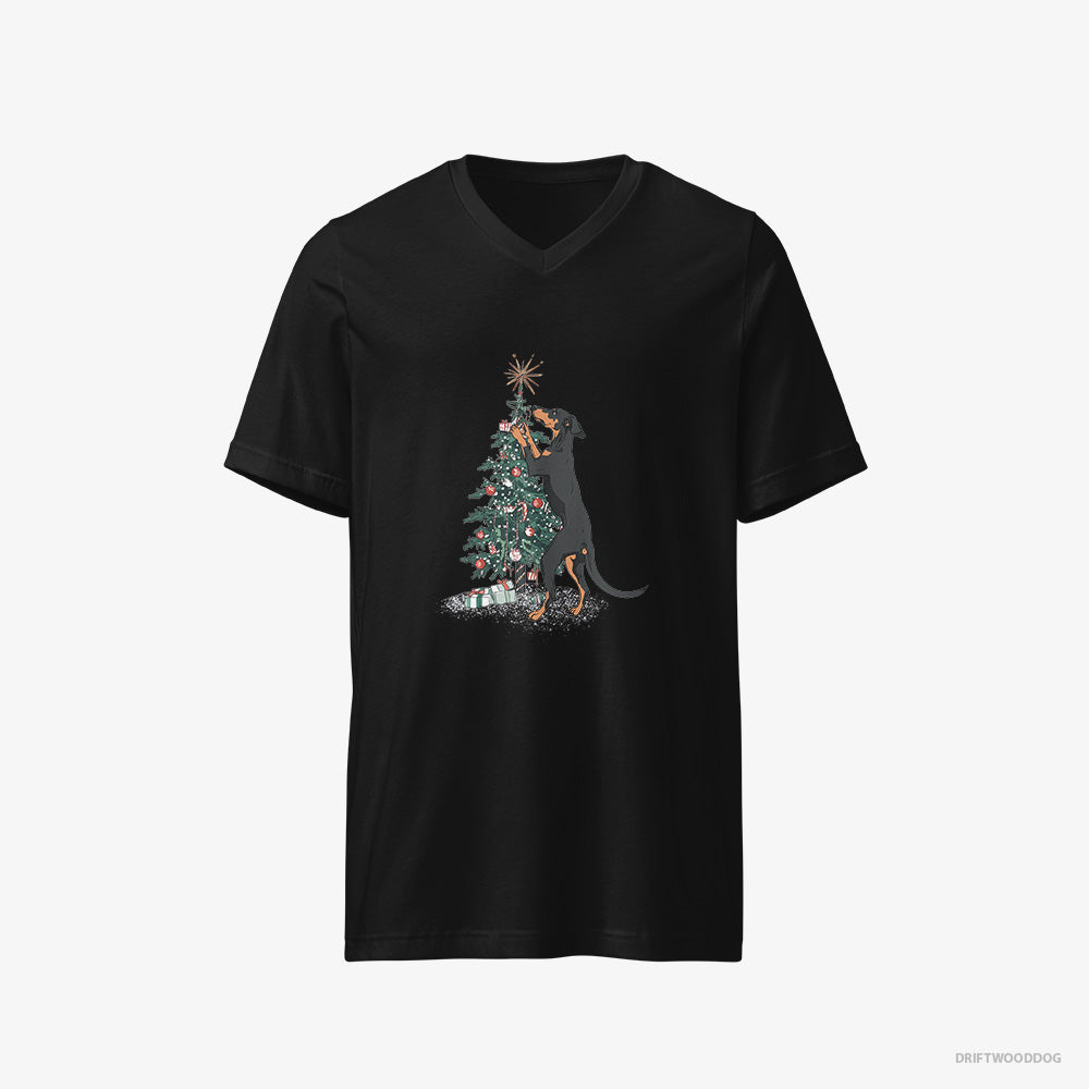 Dobermann T-Shirt – Men Black T-Shirt V-Neck – Hanging Decorations on the Christmas Tree (on White Background)