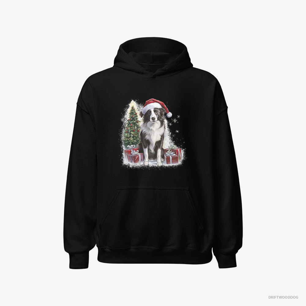 Border Collie Hoodie – Women Black Hoodie Classic – Sitting Next to a Christmas Tree and Gifts (on White Background)