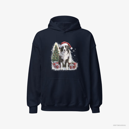 Border Collie Sitting Next to a Christmas Tree and Gifts Navy Hoodie