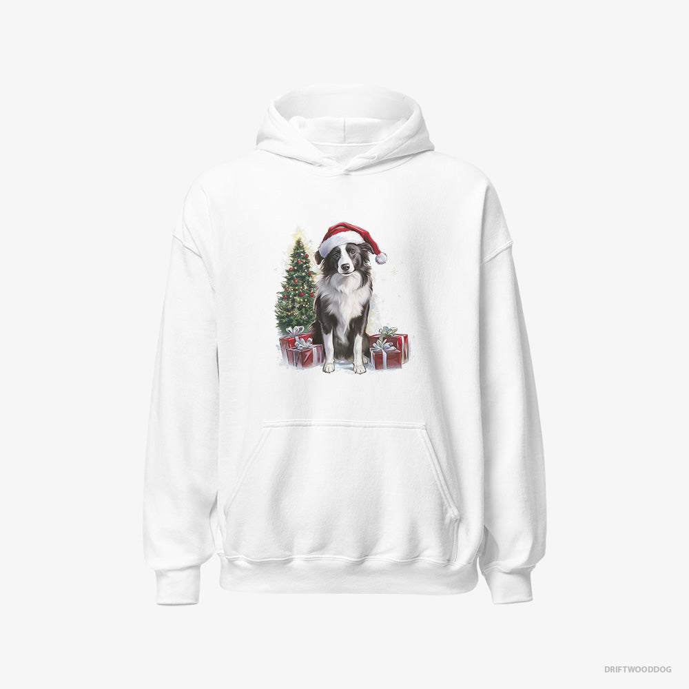 Border Collie Hoodie – Men White Hoodie Classic – Sitting Next to a Christmas Tree and Gifts (on White Background)