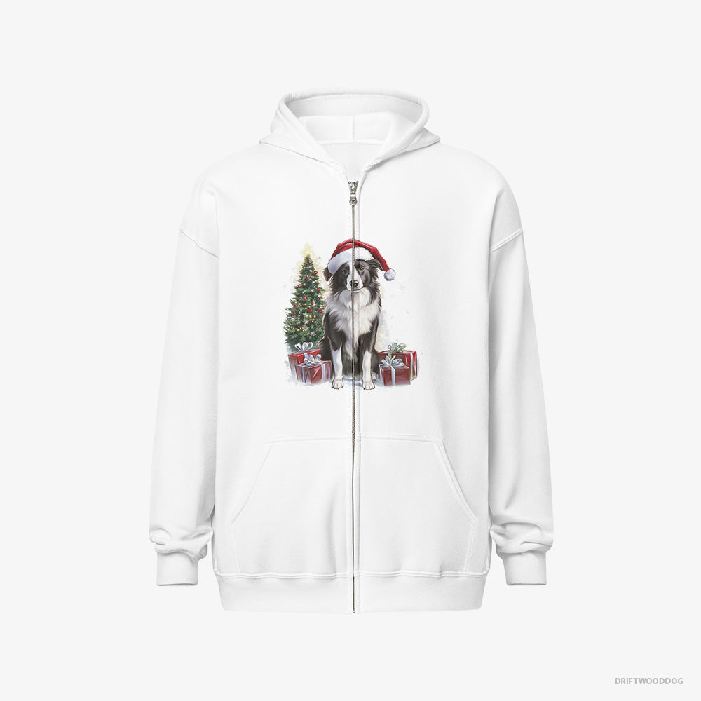 Border Collie Hoodie – Men White Hoodie Full-Zip – Sitting Next to a Christmas Tree and Gifts (on White Background)