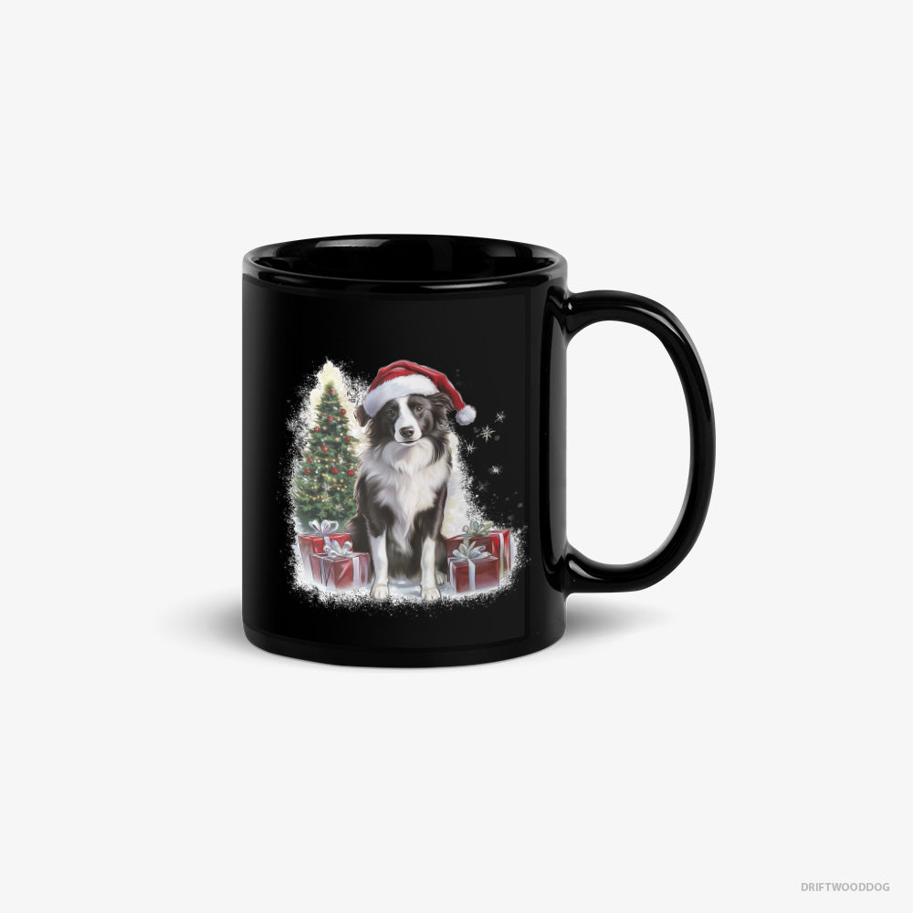 Border Collie Mug – Unisex Black Mug Classic – Sitting Next to a Christmas Tree and Gifts (on White Background)