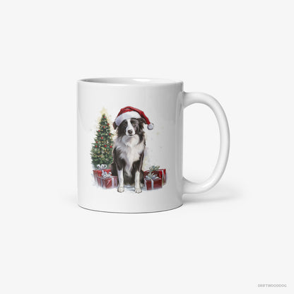 Border Collie Sitting Next to a Christmas Tree and Gifts White Mug