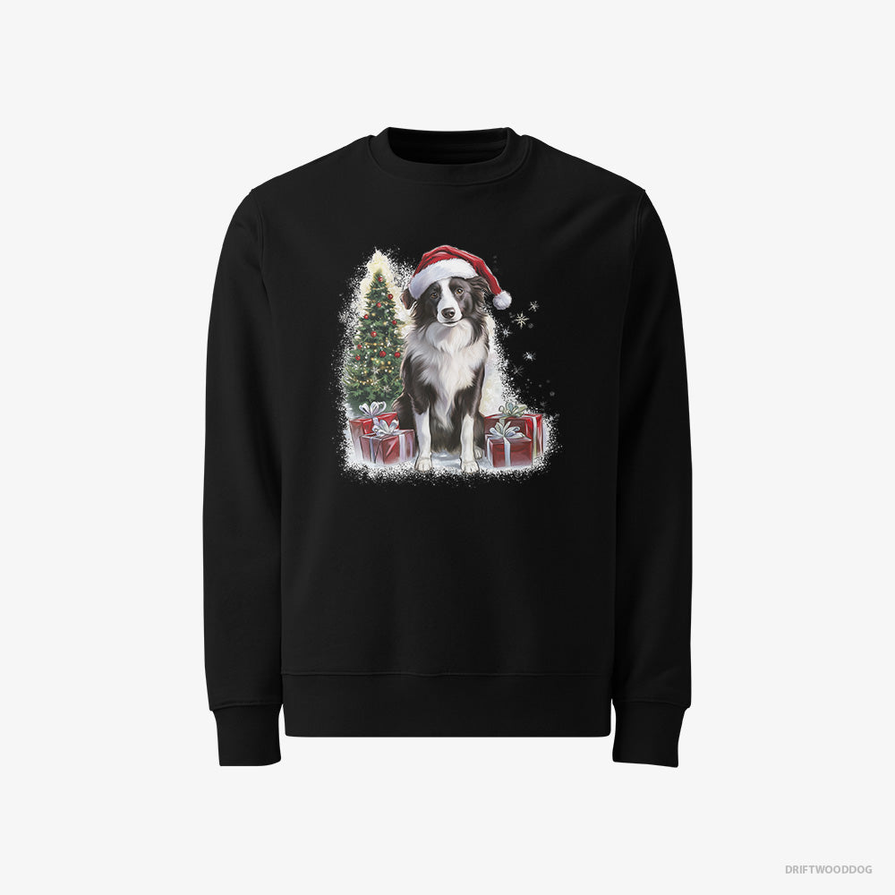 Border Collie Sweatshirt – Men Black Sweatshirt Classic – Sitting Next to a Christmas Tree and Gifts (on White Background)