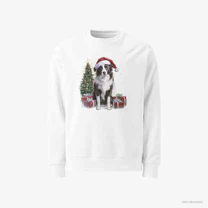 Border Collie Sitting Next to a Christmas Tree and Gifts White Sweatshirt