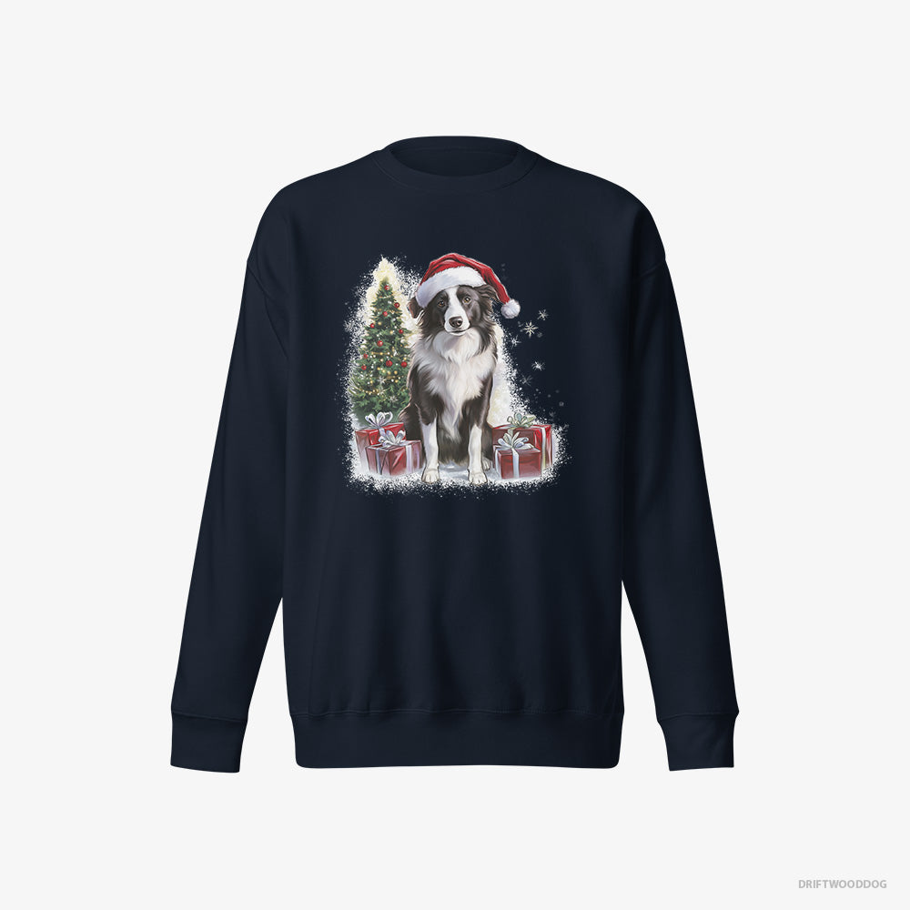 Border Collie Sweatshirt – Men Navy Sweatshirt Eco-Friendly – Sitting Next to a Christmas Tree and Gifts (on White Background)