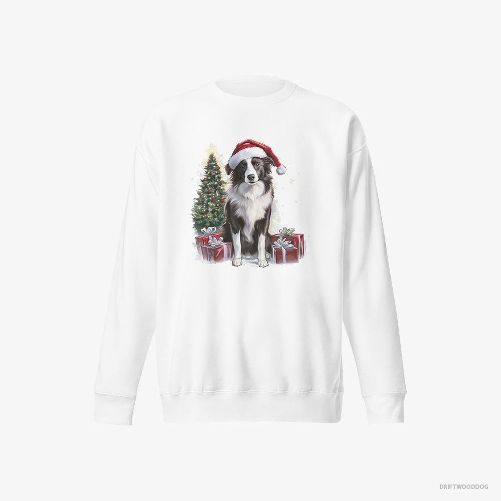 Border Collie Sweatshirt – Men White Sweatshirt Eco-Friendly – Sitting Next to a Christmas Tree and Gifts (on White Background)