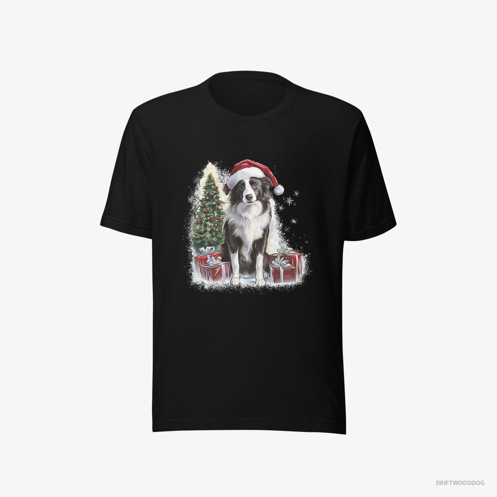 Border Collie T-Shirt – Women Black T-Shirt Eco-Friendly – Sitting Next to a Christmas Tree and Gifts (on White Background)