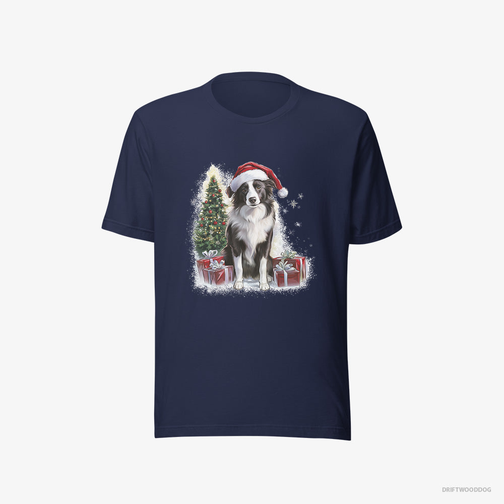 Border Collie T-Shirt – Women Navy T-Shirt Eco-Friendly – Sitting Next to a Christmas Tree and Gifts (on White Background)