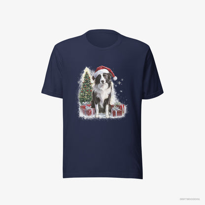 Border Collie Sitting Next to a Christmas Tree and Gifts Navy T-Shirt