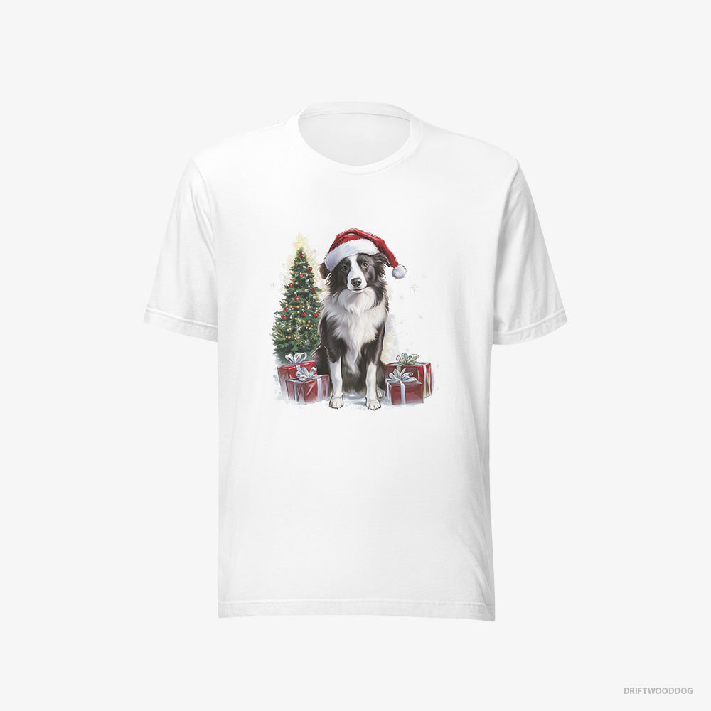 Border Collie T-Shirt – Men White T-Shirt Eco-Friendly – Sitting Next to a Christmas Tree and Gifts (on White Background)