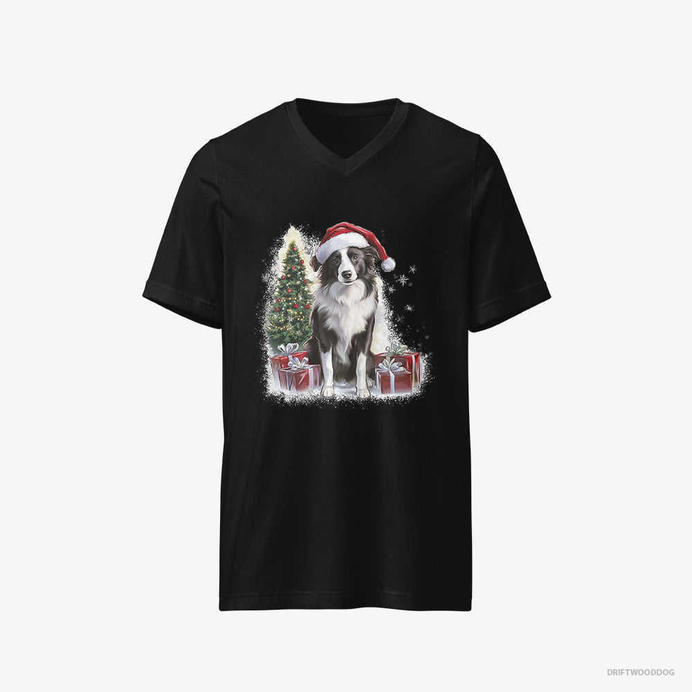 Border Collie T-Shirt – Men Black T-Shirt V-Neck – Sitting Next to a Christmas Tree and Gifts (on White Background)