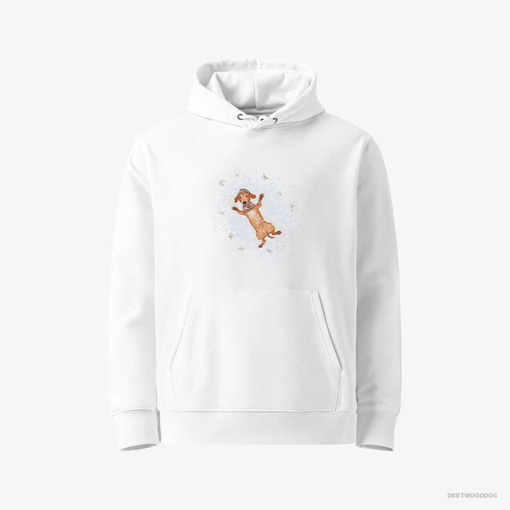 Dachshund Hoodie – Women White Hoodie Eco-Friendly – Making Snow Angels (on White Background)