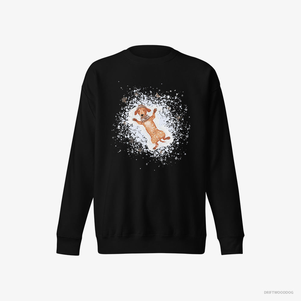 Dachshund Sweatshirt – Women Black Sweatshirt Eco-Friendly – Making Snow Angels (on White Background)