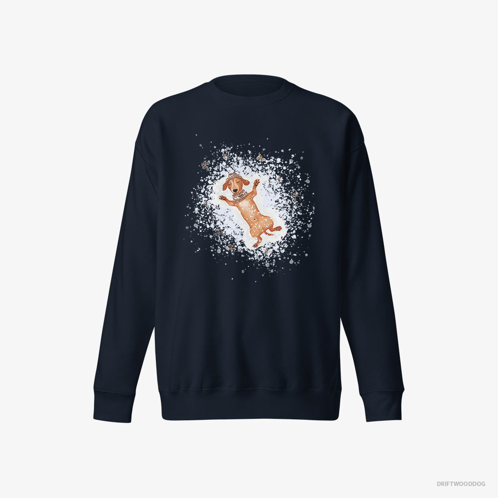 Dachshund Sweatshirt – Women Navy Sweatshirt Eco-Friendly – Making Snow Angels (on White Background)