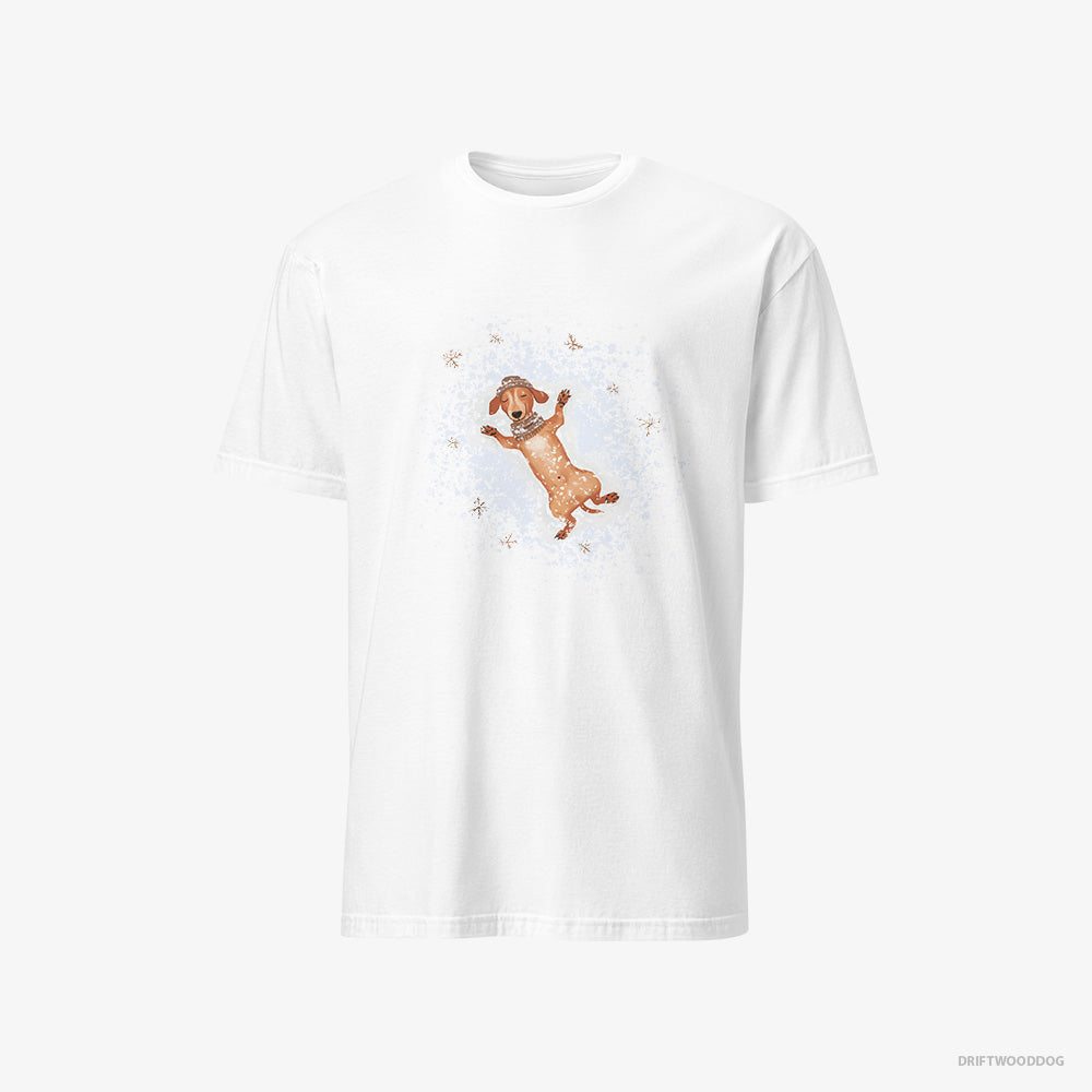 Dachshund T-Shirt – Men White T-Shirt Classic – Making Snow Angels (on White Background)