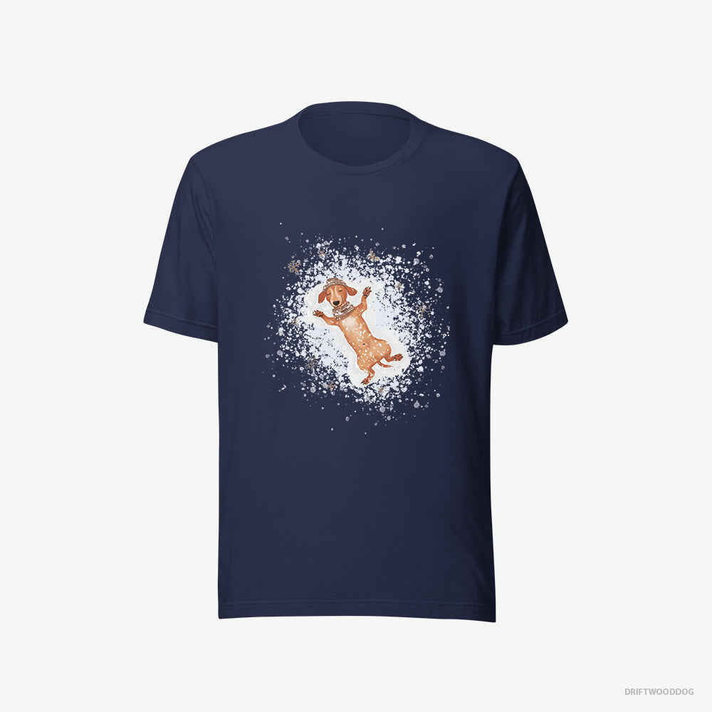 Dachshund T-Shirt – Women Navy T-Shirt Eco-Friendly – Making Snow Angels (on White Background)