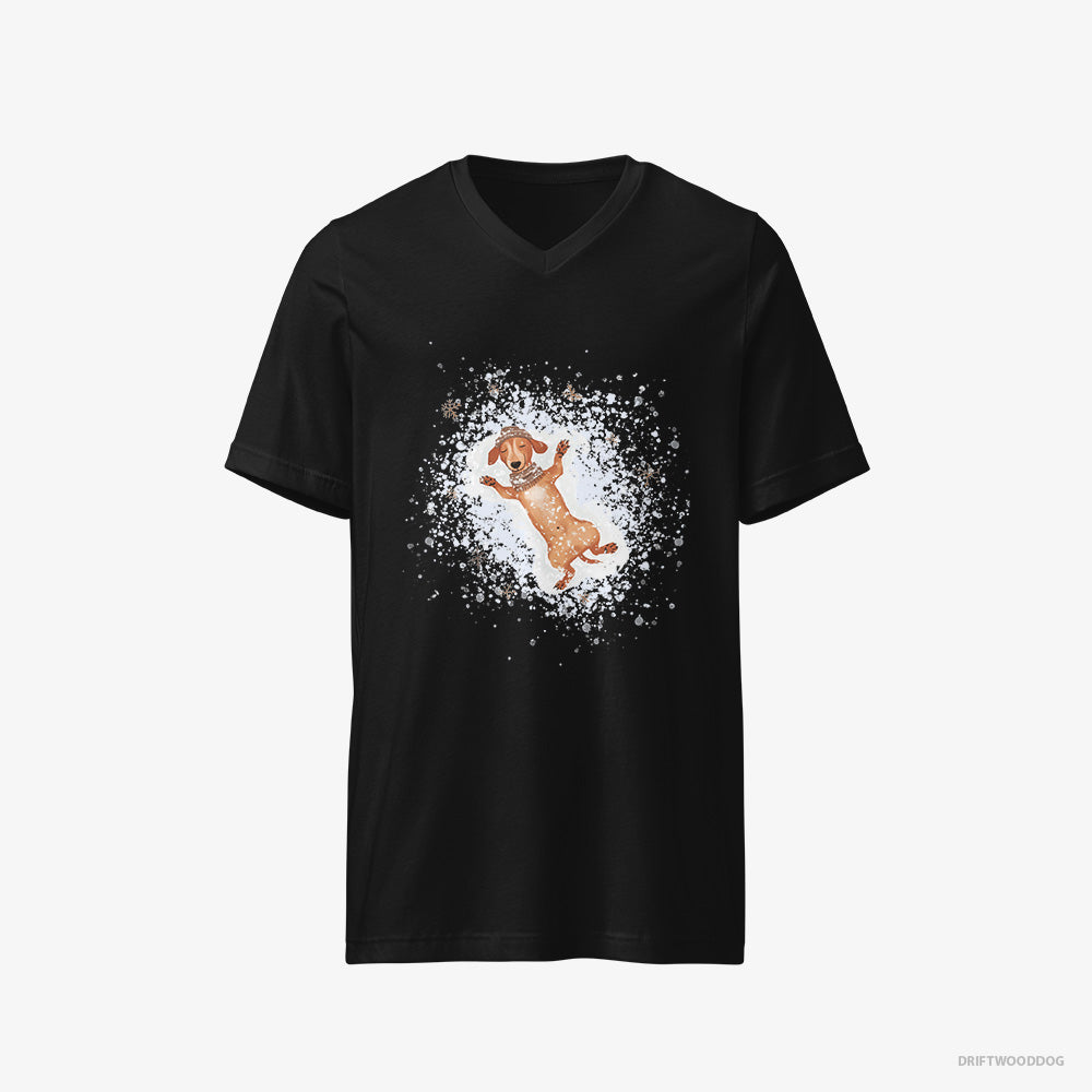 Dachshund T-Shirt – Men Black T-Shirt V-Neck – Making Snow Angels (on White Background)