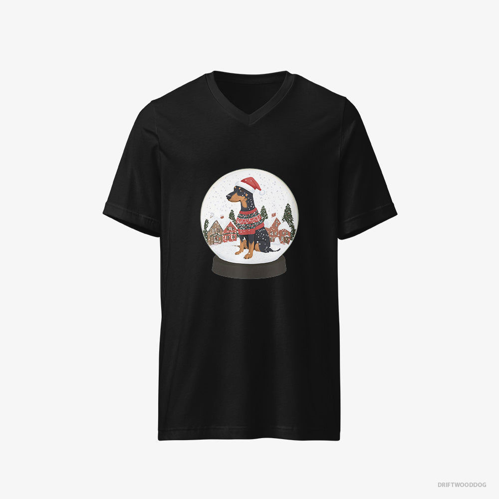 Dobermann T-Shirt – Men Black T-Shirt V-Neck – Immersed in Christmas Magic (on White Background)