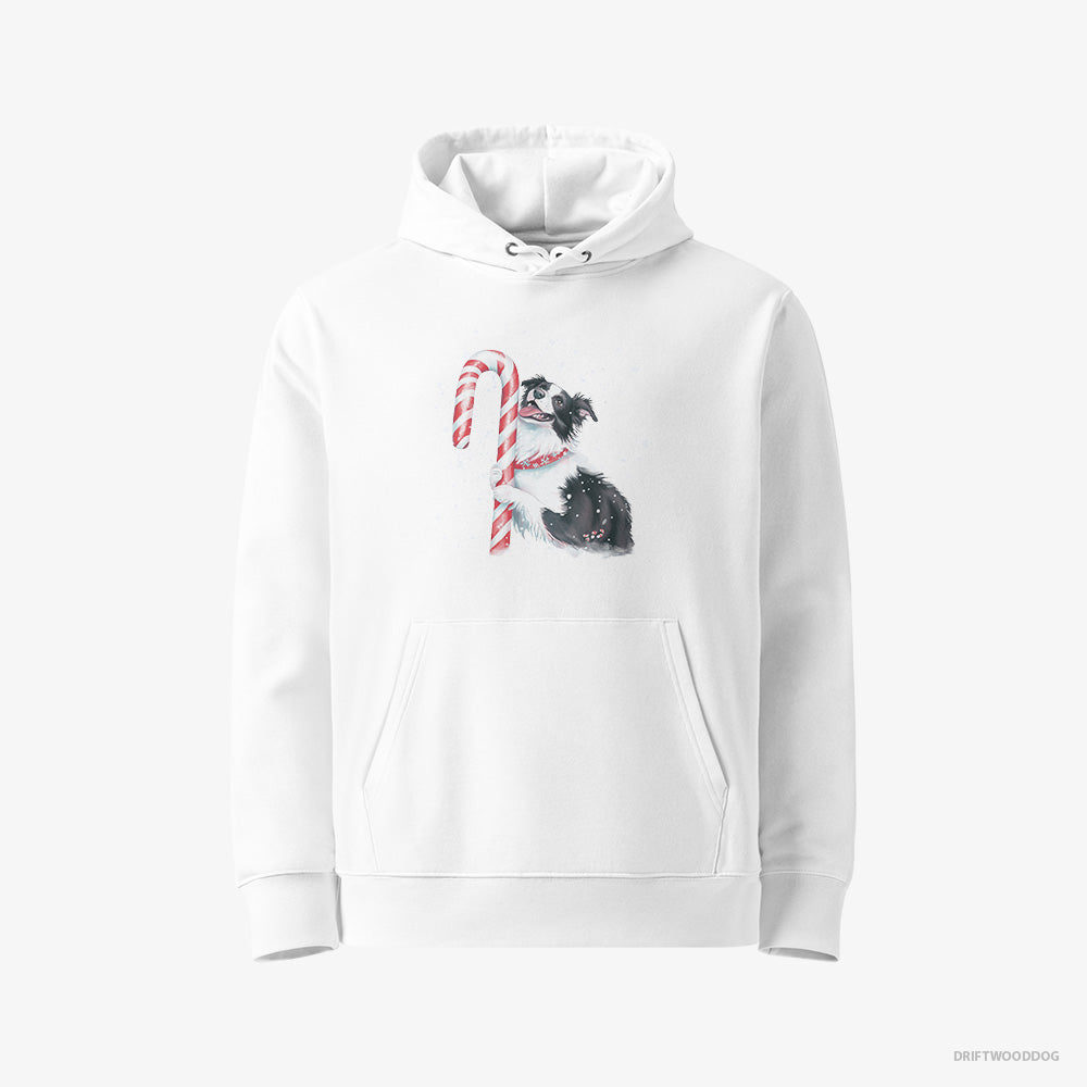 Border Collie Hoodie – Women White Hoodie Eco-Friendly – by a Giant Christmas Lollipop (on White Background)