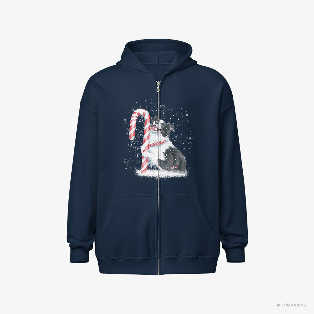 Border Collie Hoodie – Men Navy Hoodie Full-Zip – by a Giant Christmas Lollipop (on White Background)