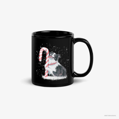 Border Collie Mug – Unisex Black Mug Classic – by a Giant Christmas Lollipop (on White Background)