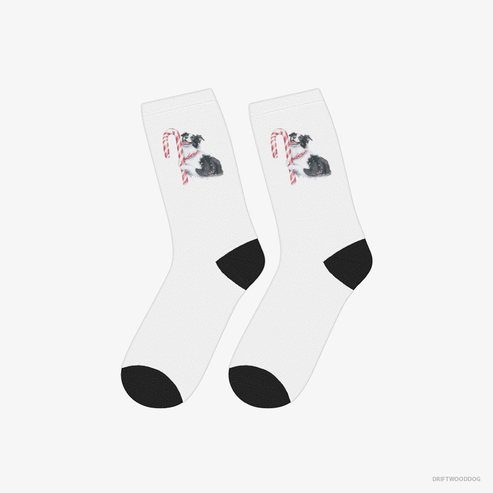 Border Collie Socks – Unisex White Socks Classic – by a Giant Christmas Lollipop (on White Background)