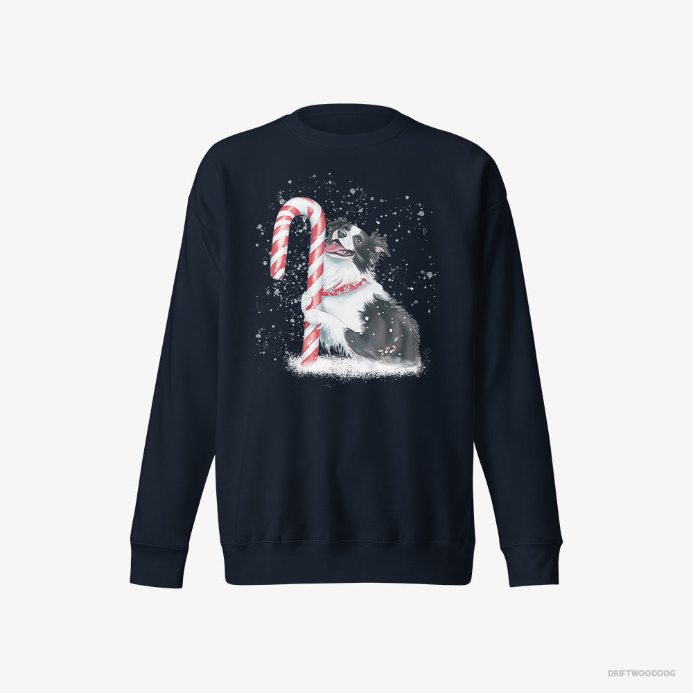 Border Collie Sweatshirt – Women Navy Sweatshirt Eco-Friendly – by a Giant Christmas Lollipop (on White Background)