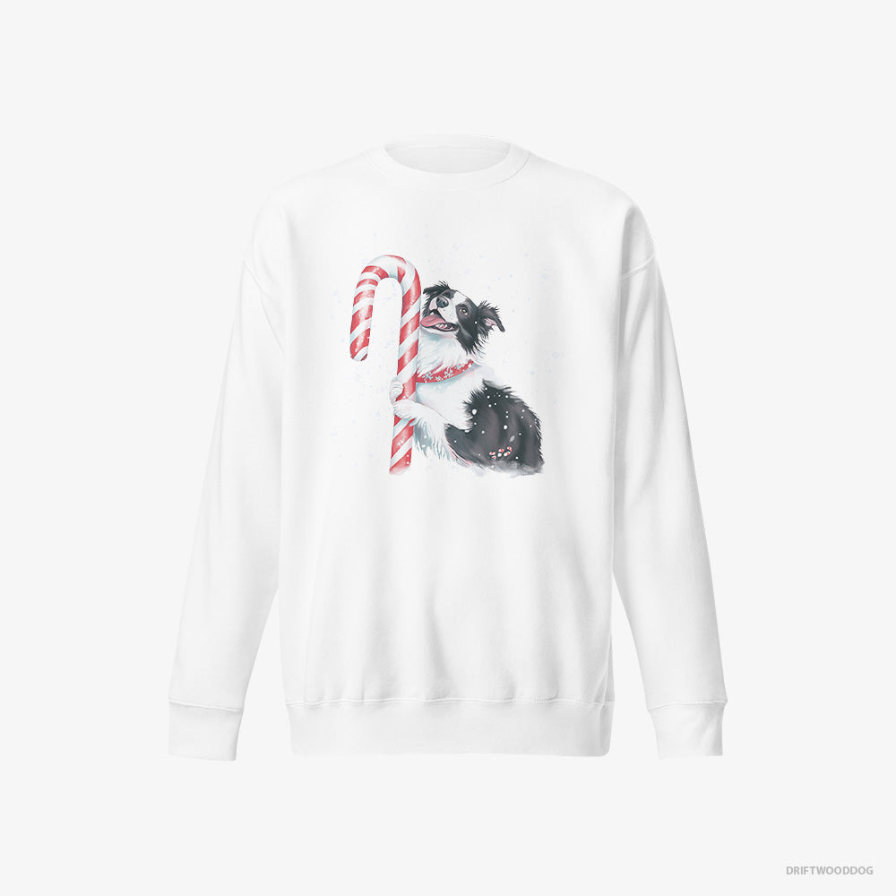 Border Collie Sweatshirt – Men White Sweatshirt Eco-Friendly – by a Giant Christmas Lollipop (on White Background)