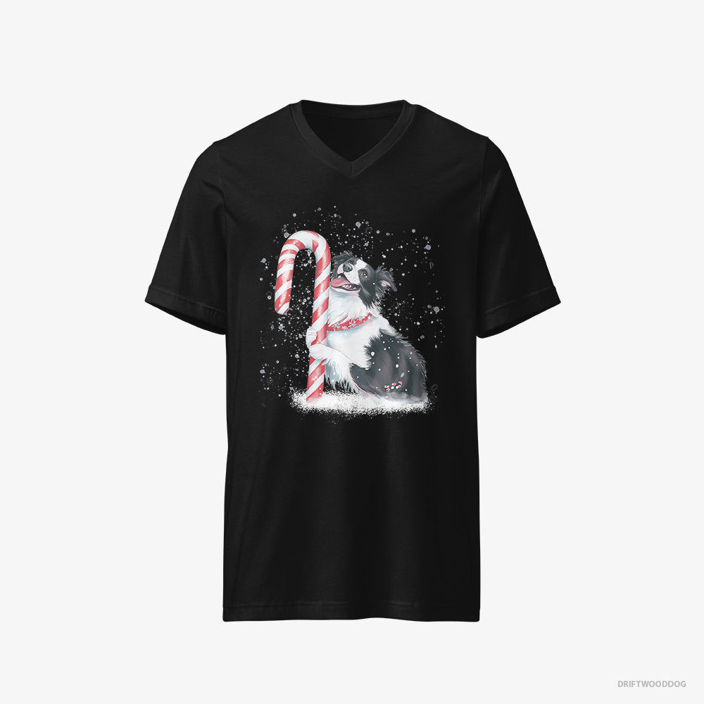 Border Collie T-Shirt – Men Black T-Shirt V-Neck – by a Giant Christmas Lollipop (on White Background)