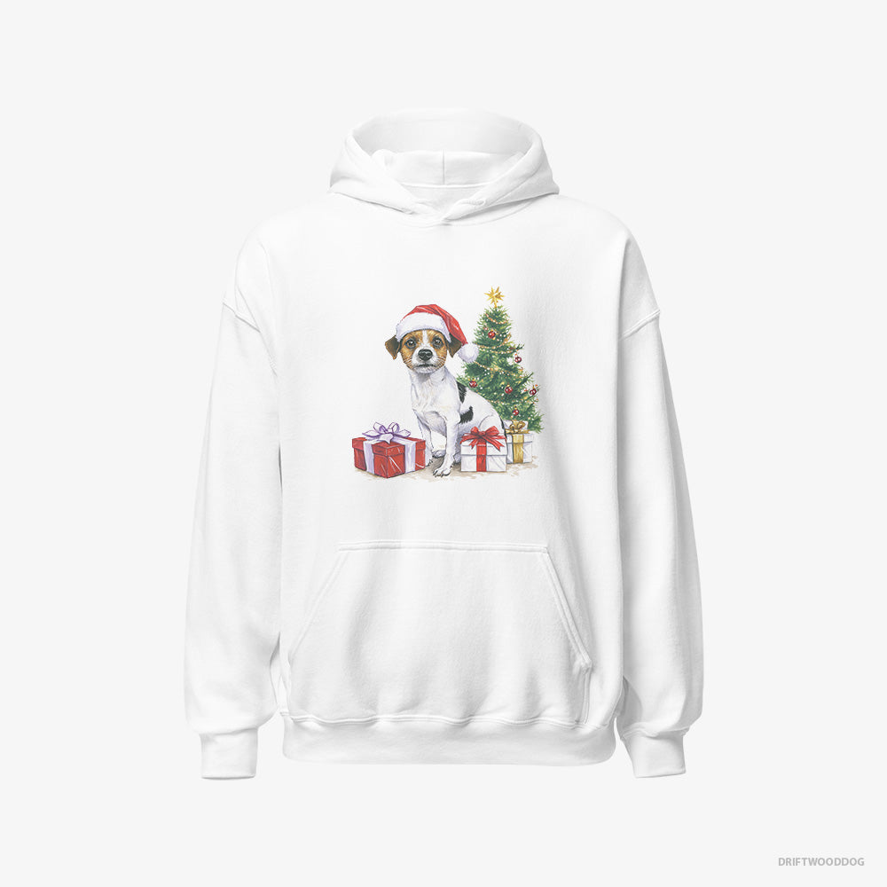 Jack Russell Terrier Hoodie – Men White Hoodie Classic – by the Christmas Tree (on White Background)