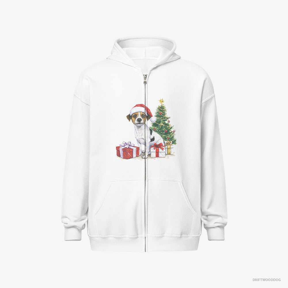 Jack Russell Terrier Hoodie – Men White Hoodie Full-Zip – by the Christmas Tree (on White Background)