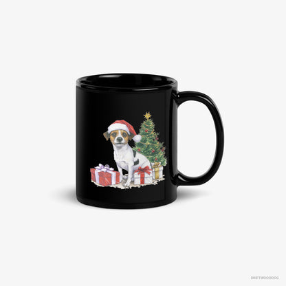 Jack Russell Terrier Mug – Unisex Black Mug Classic – by the Christmas Tree (on White Background)