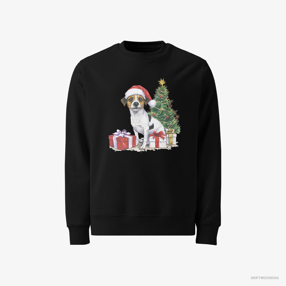 Jack Russell Terrier Sweatshirt – Men Black Sweatshirt Classic – by the Christmas Tree (on White Background)