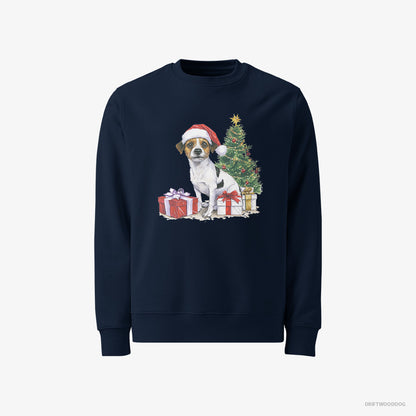 Jack Russell Terrier Sweatshirt – Men Navy Sweatshirt Classic – by the Christmas Tree (on White Background)