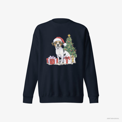 Jack Russell Terrier Sweatshirt – Women Navy Sweatshirt Eco-Friendly – by the Christmas Tree (on White Background)