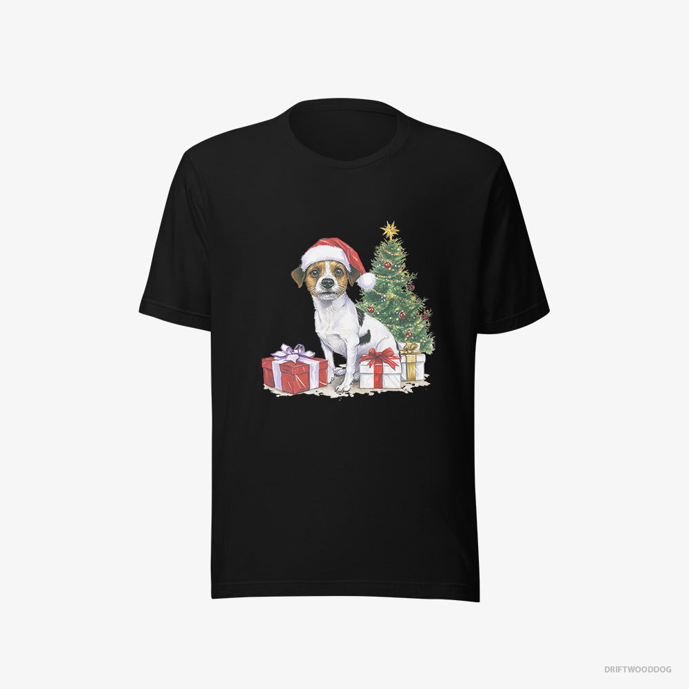 Jack Russell Terrier T-Shirt – Women Black T-Shirt Eco-Friendly – by the Christmas Tree (on White Background)