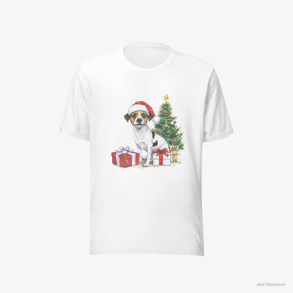 Jack Russell Terrier T-Shirt – Men White T-Shirt Eco-Friendly – by the Christmas Tree (on White Background)