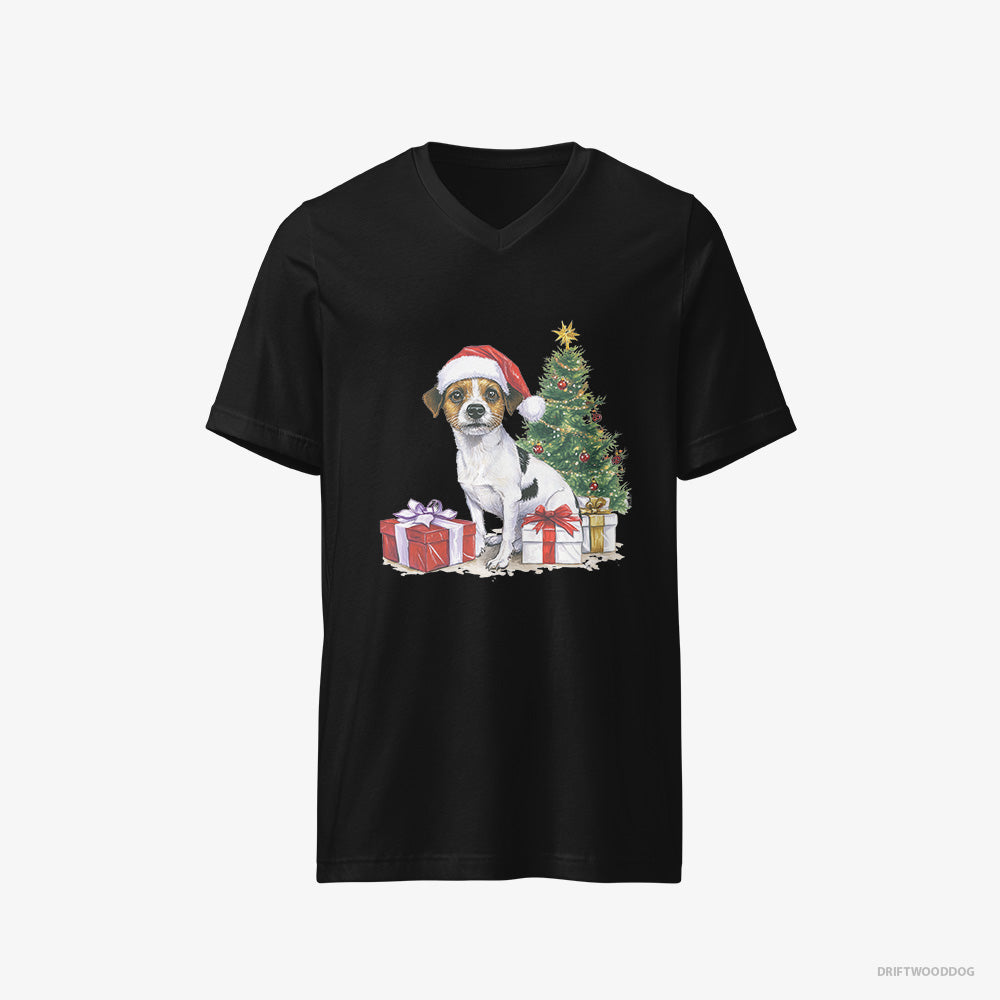 Jack Russell Terrier T-Shirt – Men Black T-Shirt V-Neck – by the Christmas Tree (on White Background)