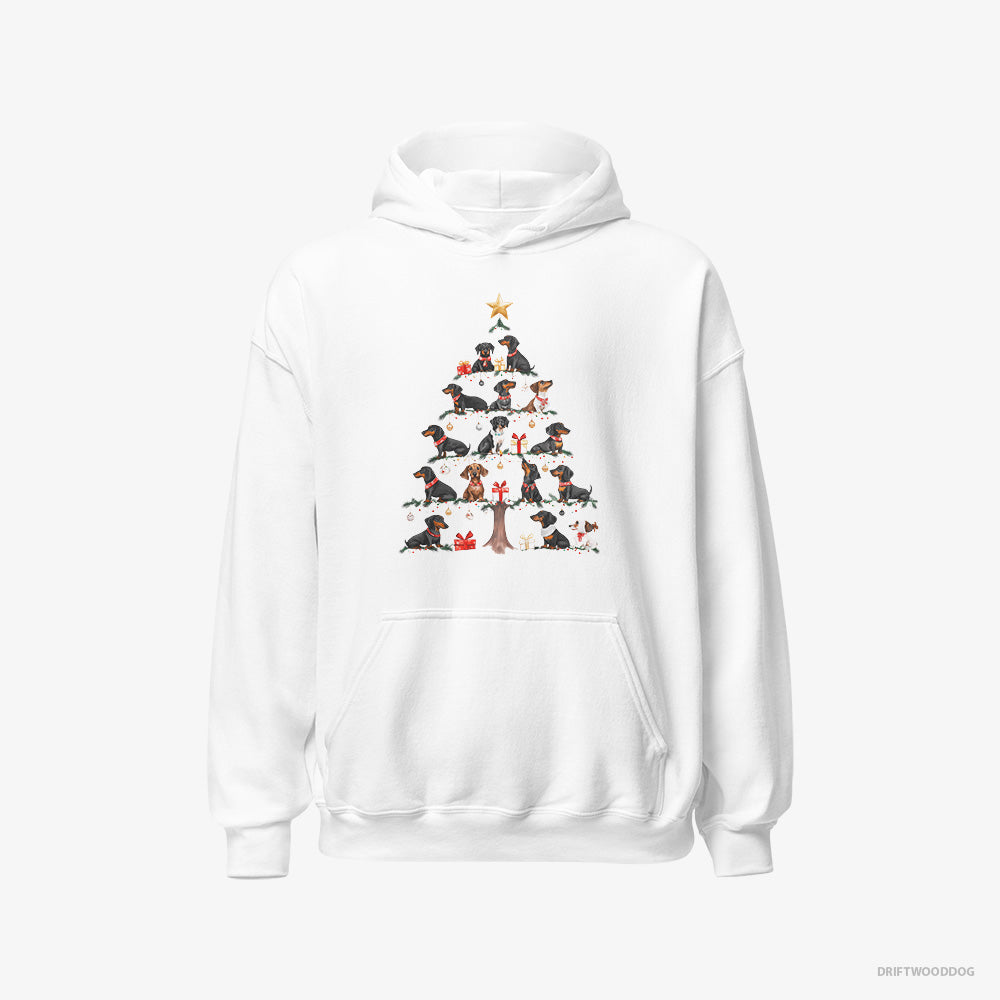 Dachshund Hoodie – Men White Hoodie Classic – Puppies Forming Christmas Tree (on White Background)