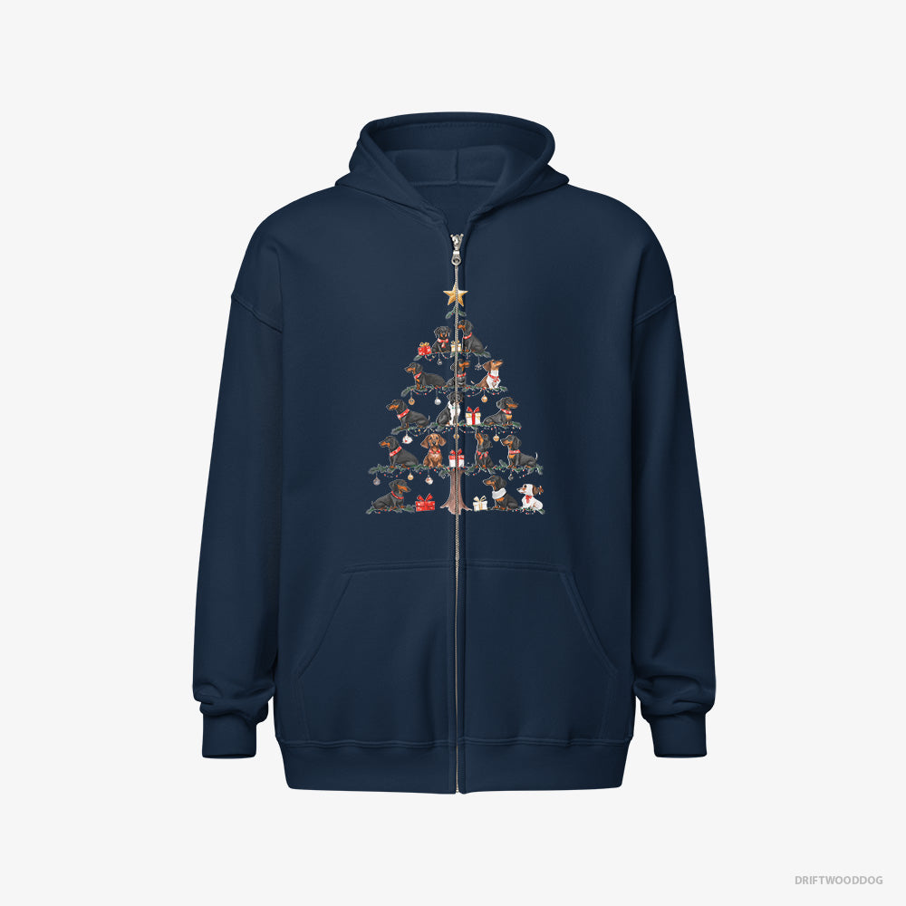 Dachshund Hoodie – Men Navy Hoodie Full-Zip – Puppies Forming Christmas Tree (on White Background)