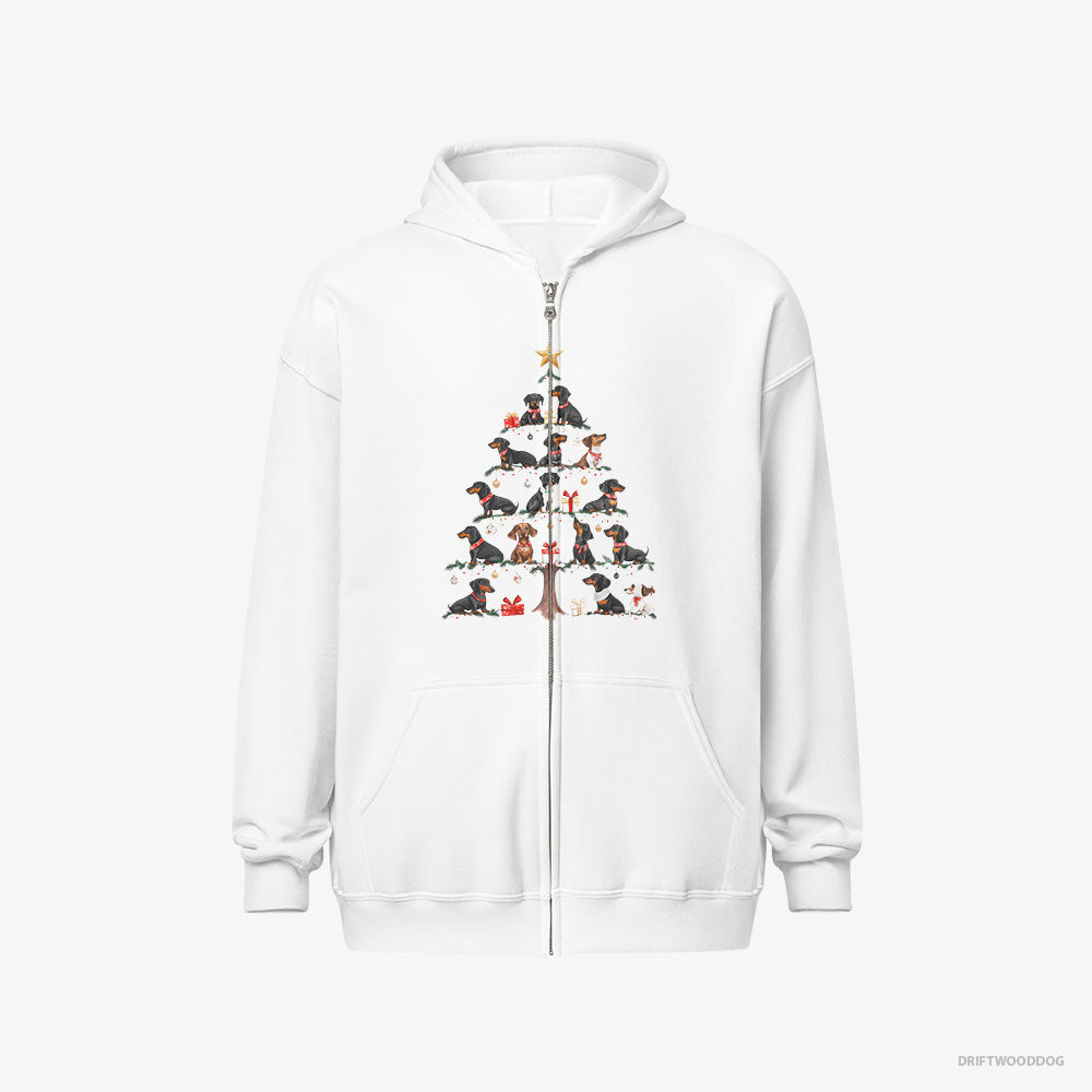 Dachshund Hoodie – Men White Hoodie Full-Zip – Puppies Forming Christmas Tree (on White Background)