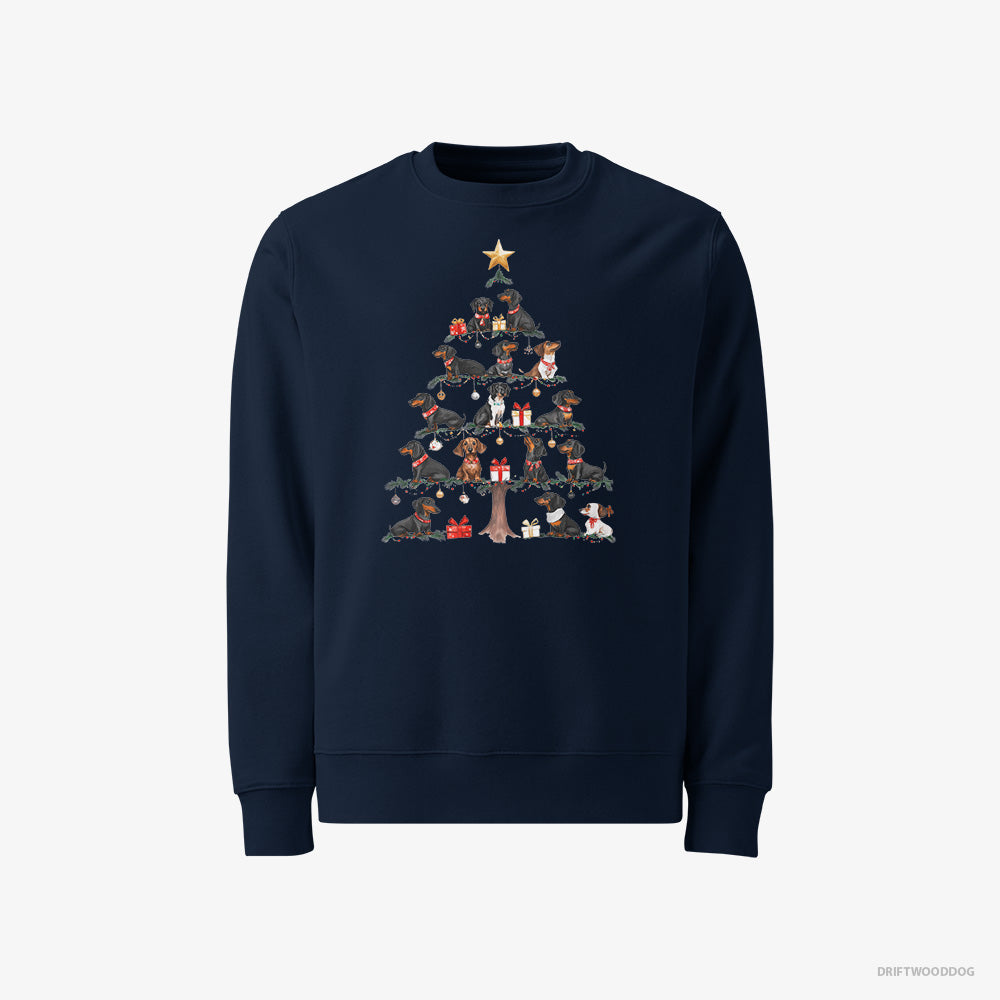 Dachshund Sweatshirt – Men Navy Sweatshirt Classic – Puppies Forming Christmas Tree (on White Background)