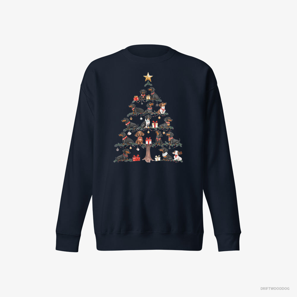 Dachshund Sweatshirt – Men Navy Sweatshirt Eco-Friendly – Puppies Forming Christmas Tree (on White Background)