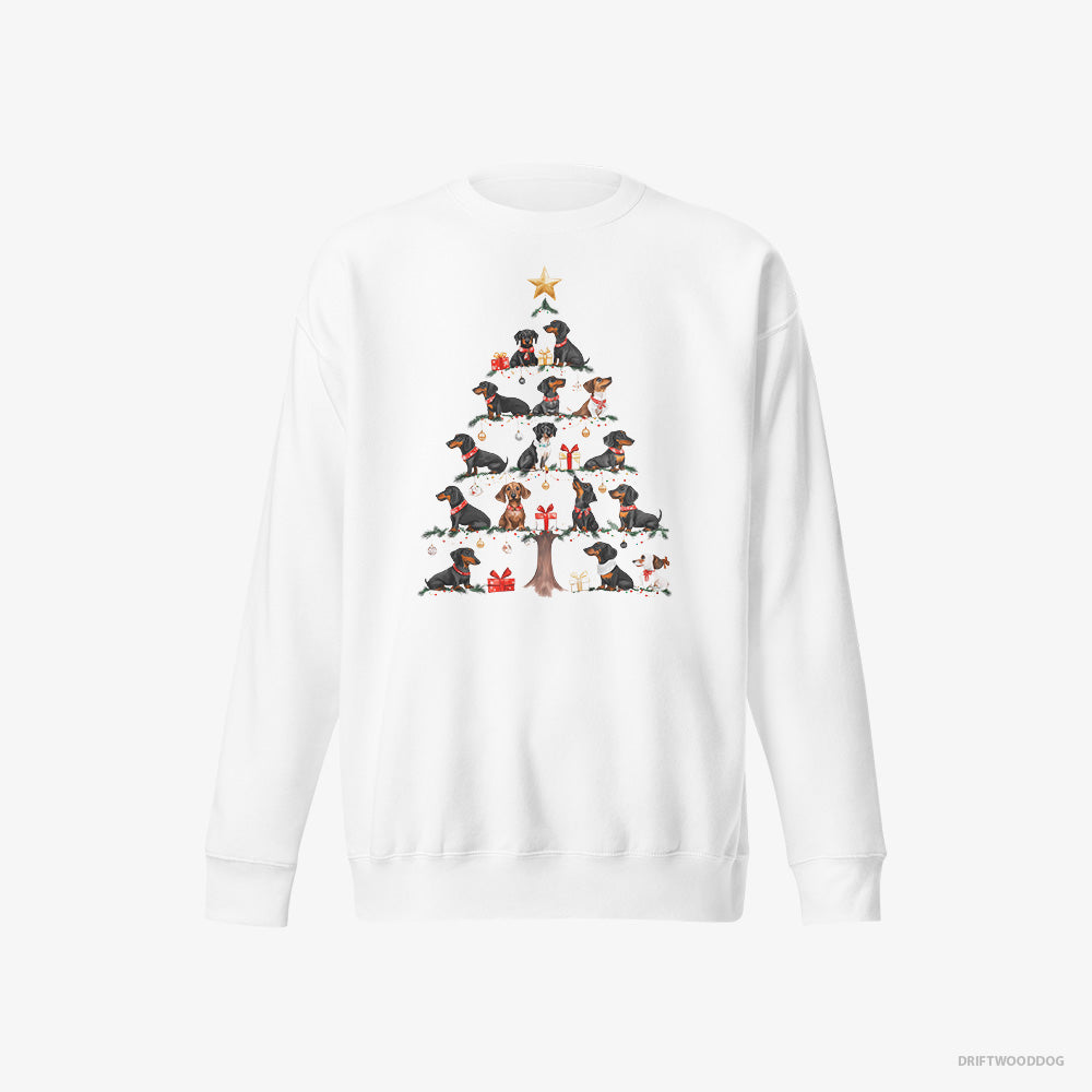 Dachshund Sweatshirt – Men White Sweatshirt Eco-Friendly – Puppies Forming Christmas Tree (on White Background)